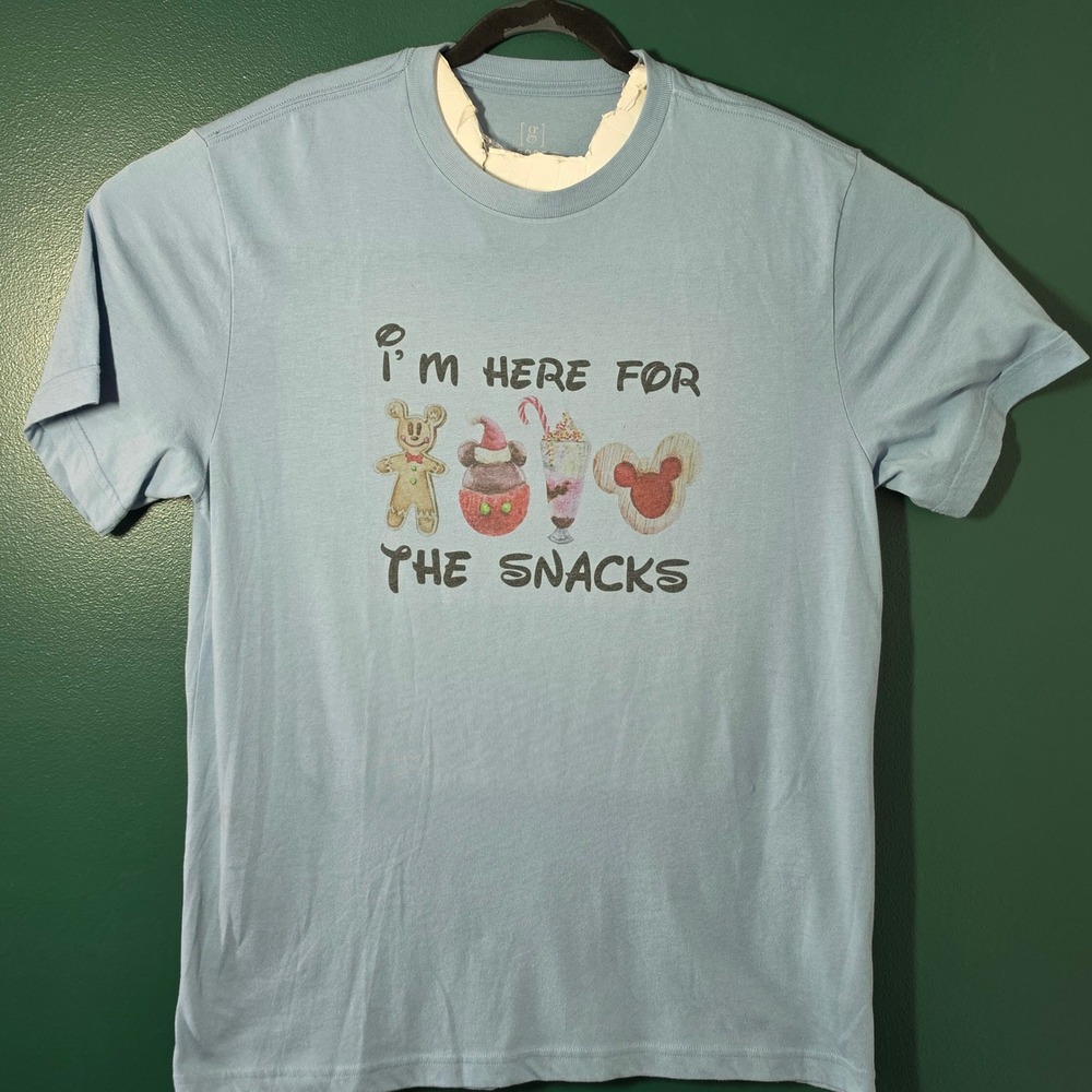 George Disney Snacks Holiday Graphic T-Shirt Light Blue XL I'm Here For Snacks